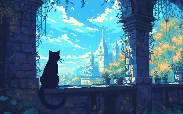 Pixel art AI illustration of a black cat silhouette on an arched stone balcony, overlooking sunlit castle spires and leafy treetops — 2K Quad HD PC desktop wallpaper/background.