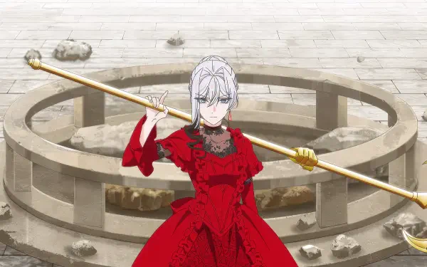 HD PC desktop wallpaper and background: Scarlett El Vandimion from May I Ask for One Final Thing? — anime girl in a red gothic dress holding a long golden staff before a stone circular well.