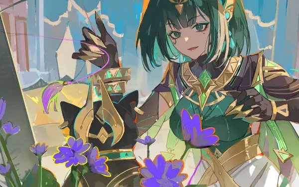 Video game Genshin Impact character Nefer in 5K Ultra HD PC desktop wallpaper: green-haired warrior in gold-and-green armor among purple flowers and sunlit ruins.