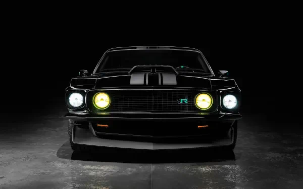 Front view of a black 1969 Ford Mustang Mach 1 with dual hood stripes and glowing headlights, presented as a 2K Quad HD PC desktop wallpaper.
