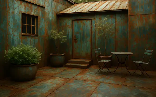 Rusty teal-green metal courtyard with potted shrubs, a bistro table and chairs, and a weathered door and window — 4K Ultra HD PC desktop wallpaper and background.