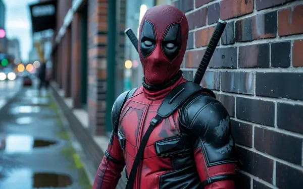 Deadpool in his red-and-black suit leans against a rain-slick brick wall on a moody city street — 4K Ultra HD PC desktop wallpaper and background.