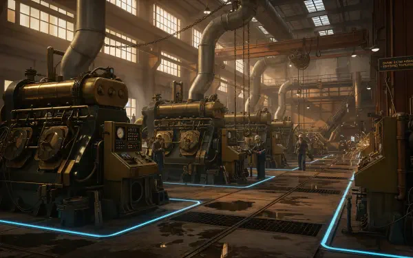 4K Ultra HD PC Desktop Wallpaper and Background — engine room: expansive industrial hall with rows of heavy vintage engines, warm skylight beams and glowing floor outlines.