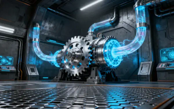 Sci-fi engine room 4K Ultra HD PC desktop wallpaper: central rotating gear core with glowing blue energy conduits, metallic floor and illuminated control panels.