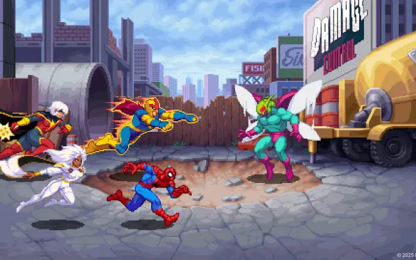 Pixel-art HD PC desktop wallpaper for MARVEL Cosmic Invasion video game: Spider-Man and two Marvel allies clash with a giant insectoid villain on a cracked city street.