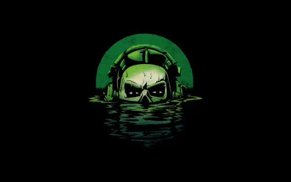 Minimalist gaming Call of Duty–inspired 5K Ultra HD PC wallpaper: skull in a diver helmet rising from dark underwater with a green halo on a black background.