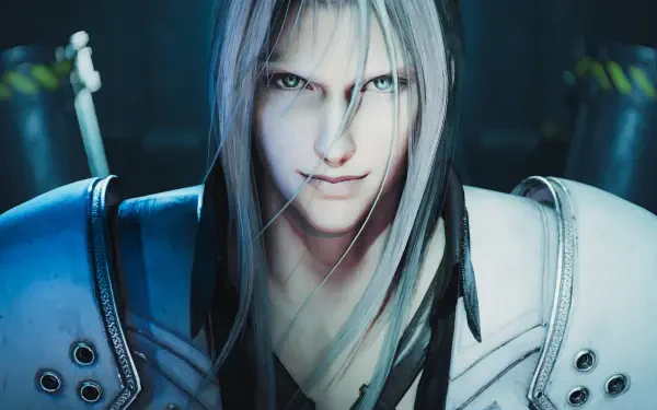 Close-up portrait of Sephiroth from the video game Final Fantasy VII Rebirth, rendered as a 2K Quad HD PC desktop wallpaper background.