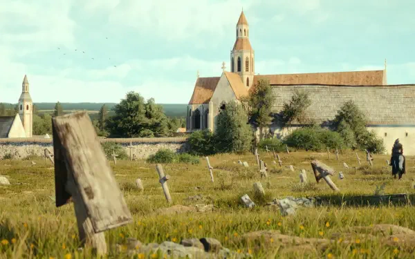 HD PC desktop wallpaper from the video game Kingdom Come: Deliverance II showing a sunlit countryside cemetery with weathered grave markers and a stone church on the horizon.