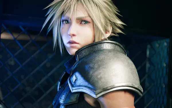 Close-up of Cloud Strife from Final Fantasy VII Rebirth — blond spiky hair, blue eyes, wearing leather armor and a metal pauldron, rendered as a 2K Quad HD PC desktop wallpaper.