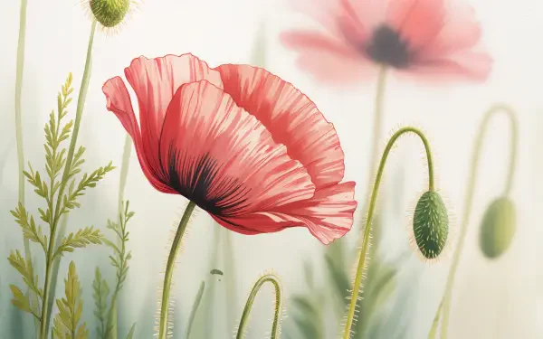 4K Ultra HD PC desktop wallpaper and background: delicate red poppies and nodding buds against soft pastel greens with dreamy, blurred blossoms.
