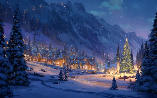 4K Ultra HD PC desktop wallpaper: snowy Christmas village at dusk, glowing lights and a decorated tree by a snow-covered river, pine trees and towering starlit mountains in the background.