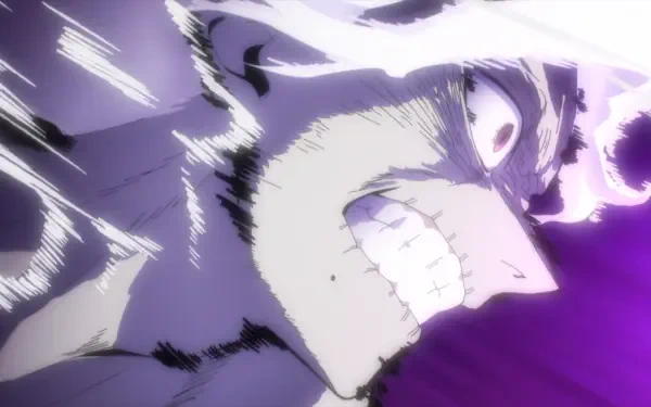 Close-up anime portrait of All For One from My Hero Academia snarling, teeth bared, glowing eye and dramatic purple lighting — HD PC desktop wallpaper background.