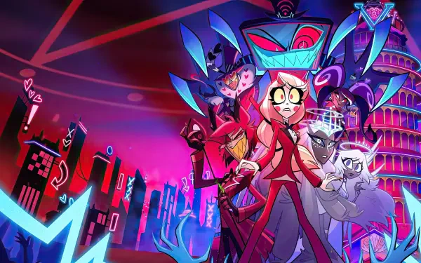 Hazbin Hotel 4K Ultra HD PC desktop wallpaper: vivid neon cityscape with a wide-eyed red-suited lead flanked by mischievous, flamboyant demonic companions and a grinning radio-demon backdrop.