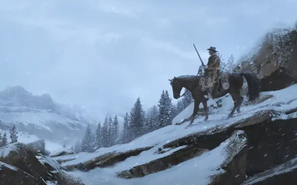 Red Dead Redemption 2 winter landscape: lone rider on horseback traverses a snowy ridge under a cloudy sky — HD PC desktop wallpaper of a gaming environment.
