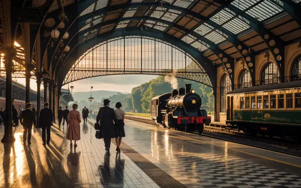 Historic train station platform at sunset with a steam locomotive and passengers, cinematic light on reflective tiles — 4K Ultra HD PC Desktop Wallpaper and Background.