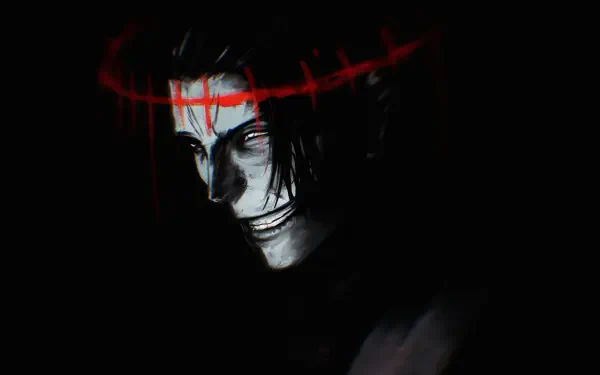 4K dark anime PC wallpaper of Suguru Geto (Jujutsu Kaisen): shadowed profile with pale face, sinister grin and a smeared red halo across his brow.