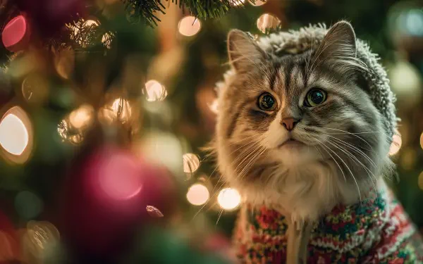 4K Ultra HD PC desktop wallpaper: fluffy holiday cat in a festive sweater beside glowing Christmas tree lights and ornaments.