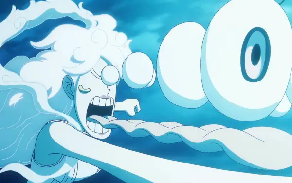 HD PC desktop wallpaper/background of One Piece anime character Jewelry Bonney in Gear 5 — blue-toned action shot with elongated limbs and a spiral eye projectile.