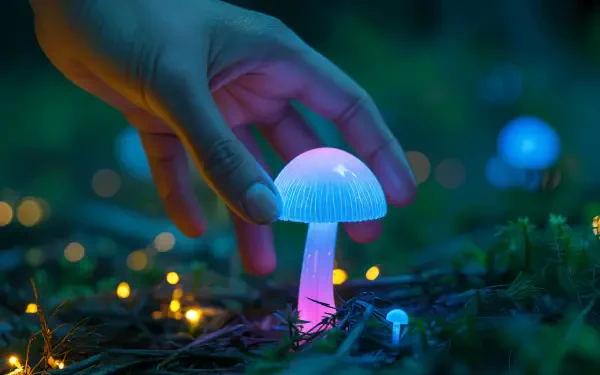 Bioluminescent mushroom glowing in mossy night with a hand touching its cap — 4K Ultra HD PC desktop wallpaper and background.