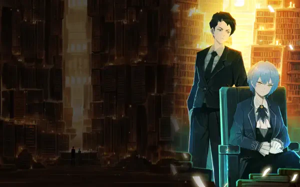 4K Ultra HD PC wallpaper from the video game Library Of Ruina: two suited figures—blue‑haired woman seated, dark‑haired man standing—before towering, warmly lit library shelves.