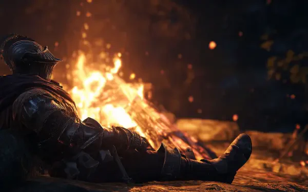 2K Quad HD Dark Souls III wallpaper: armored knight rests beside a glowing bonfire in a dark, embers-filled forest — video game desktop background.