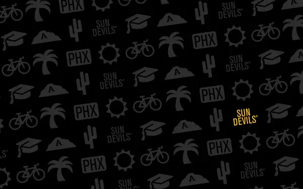 Black HD PC wallpaper with repeating gray Arizona State University icons—cactus, palm, bike, graduation cap, PHX and sun—plus a small gold Sun Devils logo.
