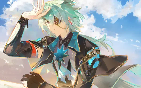 2K Quad HD PC desktop wallpaper of Anaxa from the video game Honkai: Star Rail — anime boy with mint-green hair, eyepatch and star-emblazoned outfit, hand-to-forehead pose against a bright sky.