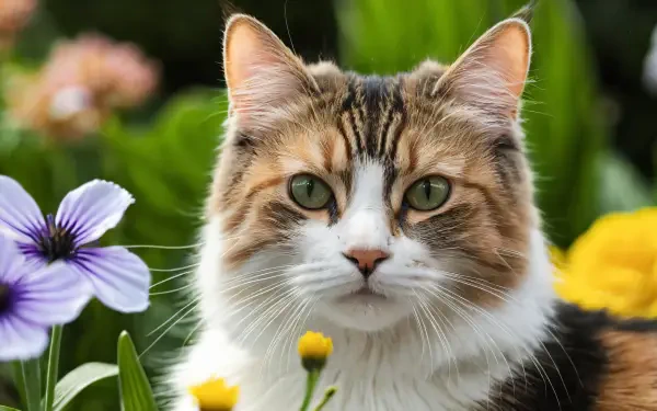 Portrait of a long-haired tabby cat among garden flowers — a feline animal image rendered as a 4K Ultra HD PC desktop wallpaper and background.