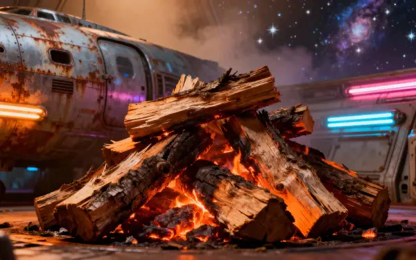 Burning firewood pile on a sci‑fi landing pad with neon lights and a starry sky — 4K Ultra HD PC Desktop Wallpaper and Background.
