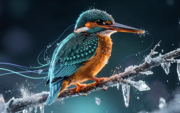 Vibrant kingfisher perched on an icy branch with water droplets and glowing highlights — 4K Ultra HD PC desktop wallpaper/background.