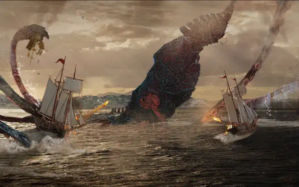 Ashes of Creation 5K Ultra HD PC desktop wallpaper: a towering kraken monster surges from stormy seas, its tentacles crushing burning sailing ships.