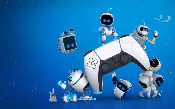 4K Ultra HD PC desktop wallpaper: video game Astro Bot Rescue Mission characters swarm a floating PlayStation 5 DualSense controller on a vibrant blue background.