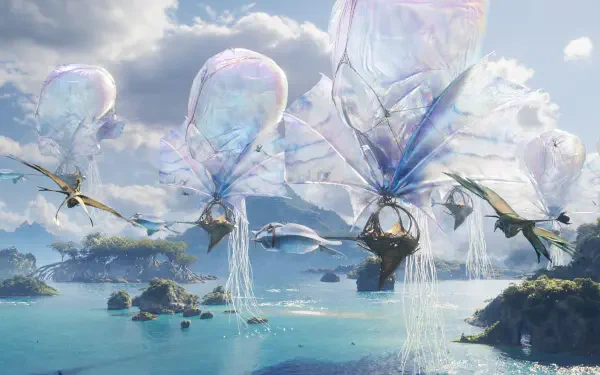 4K Ultra HD PC desktop wallpaper: a fantasy landscape from the movie Avatar: Fire and Ash — floating jellyfish-like balloons, winged mounts and luminous islands over turquoise seas.
