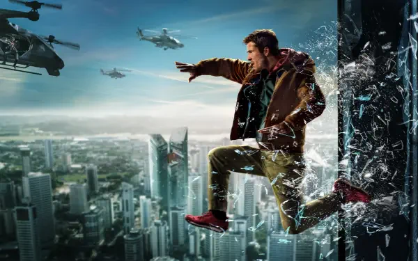 The Running Man — 4K Ultra HD PC desktop wallpaper and background of a man smashing through glass, leaping from a skyscraper as helicopters circle a sprawling city skyline.