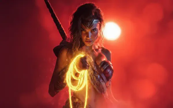 Wonder Woman in red-orange light, clutching a glowing Lasso of Truth before a bright bokeh sun — cinematic 5K Ultra HD PC desktop wallpaper and background.