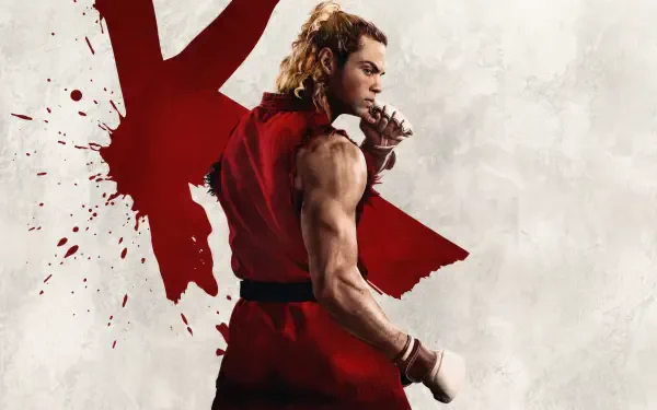 Ken in a red gi, back-turned with clenched fist and a blood-splatter K behind him — Street Fighter (2026) 2K Quad HD PC desktop wallpaper
