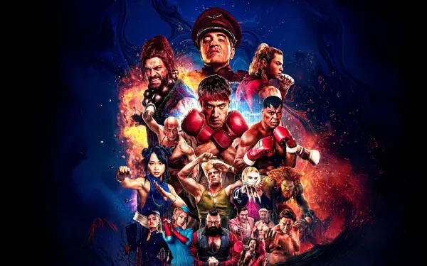 Street Fighter (2026) 4K Ultra HD PC desktop wallpaper showing a heroic ensemble of fighters in dynamic poses amid fiery explosions and electric-blue energy.