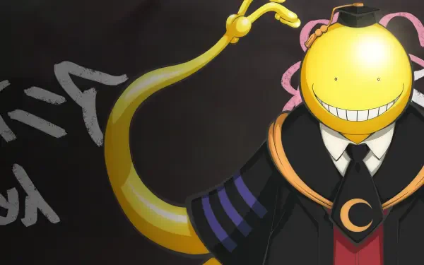 Assassination Classroom 2K Quad HD PC desktop wallpaper: grinning yellow tentacled teacher in graduation robe and mortarboard against a dark chalkboard backdrop.