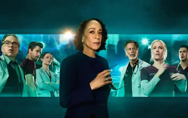 Chicago Med 4K Ultra HD PC desktop wallpaper: central physician figure before a teal-lit hospital backdrop with supporting medical team, cinematic TV promo composition.