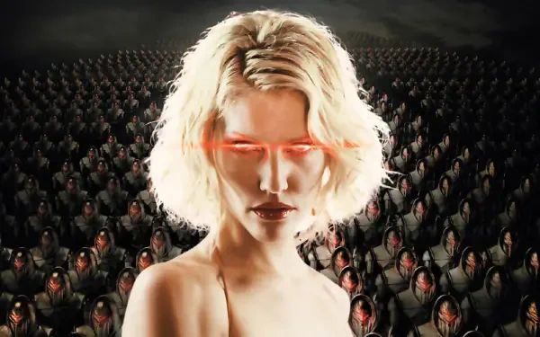 Battlestar Galactica (2003) HD PC desktop wallpaper/background: blonde humanoid with glowing red eyes standing before rows of armored Cylon soldiers