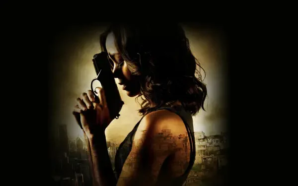 Colombiana 4K Ultra HD desktop wallpaper: silhouetted woman in profile holding a pistol to her cheek, moody backlight, urban skyline and warm sepia tones.