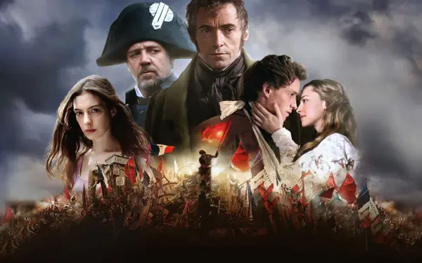 Les Misérables (2012) 4K Ultra HD PC desktop wallpaper background featuring dramatic character portraits above a smoky barricade, waving red flags under a stormy sky.