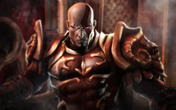God of War 5K Ultra HD PC desktop wallpaper: Kratos in heavy bronze armor, bald with a red war paint stripe, muscles tensed as he stands amid smoky, fiery battlefield light.