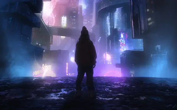 HD PC desktop wallpaper background: a lone person in a hood stands on a wet street, facing a neon-lit sci‑fi cityscape of skyscrapers, holographic signs and misty elevated walkways.