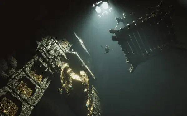 HD PC desktop wallpaper from the video game Tomb Raider: Legacy of Atlantis — an underwater shaft lit from above revealing ornate temple ruins and a lone diver silhouette.