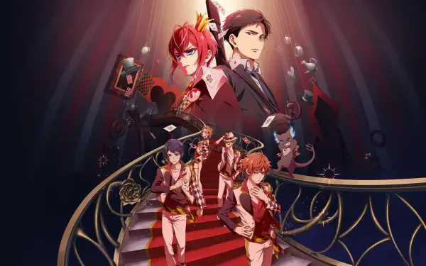 Disney Twisted-Wonderland 4K Ultra HD PC desktop wallpaper and background: characters in elegant uniforms descend a red-carpet spiral staircase under dramatic spotlighting.