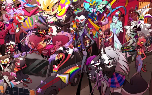 Helluva Boss 4K Ultra HD PC Desktop Wallpaper and Background: colorful cast in dynamic poses around a rainbow-decorated car, neon lights and chaotic city nightlife.