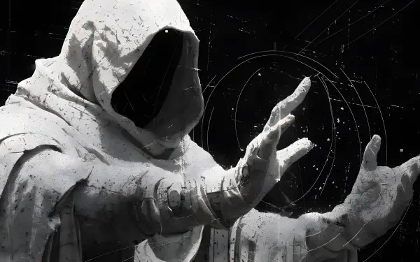 Black & white 2K Quad HD PC desktop wallpaper showing a dark, hooded, faceless character in a white cloak reaching forward against a starry, geometric black background.
