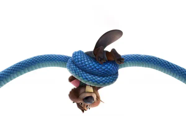 Zootopia 2 5K Ultra HD PC desktop wallpaper: animated otter dangling upside-down wrapped by a coiled blue rope, with a tiny rodent perched above on a white background.