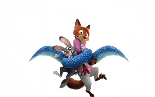 Zootopia 2 5K Ultra HD PC desktop wallpaper: fox Nick Wilde and rabbit Judy Hopps wrapped in the coils of a large blue serpent against a white background.